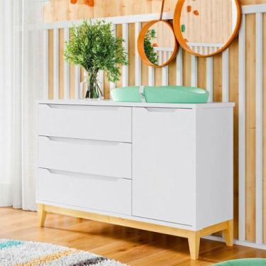 Imagem de Cômoda Infantil 3 Gavetas E 1 Porta Estilo Retro Cor Branca - Divicar,