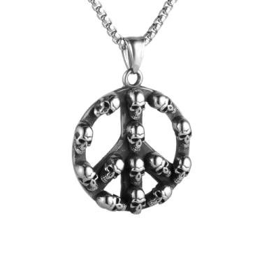 Imagem de Colar masculino gótico punk hip hop rock crânio paz sinal da paz, aço inoxidável 316L, prata aço inoxidável, corrente de pérola quadrada, joia vintage presente
