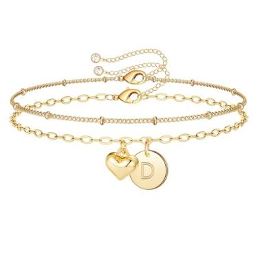 Imagem de M MOOHAM Pulseiras femininas com inicial de coração dourado - Pulseiras delicadas em camadas com letra A-Z, joias personalizadas, presentes de aniversário para mulheres, mães, meninas adolescentes, 6+