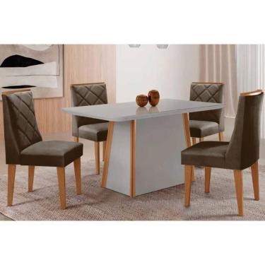 Imagem de Conjunto Sala de Jantar Tilia c/ Tampo Madeirado c/ Vidro Canto Curvo 120x80cm e 4 Cadeiras Pietá Madeira Maciça Naturale/Off White - Capuccino/Linho 