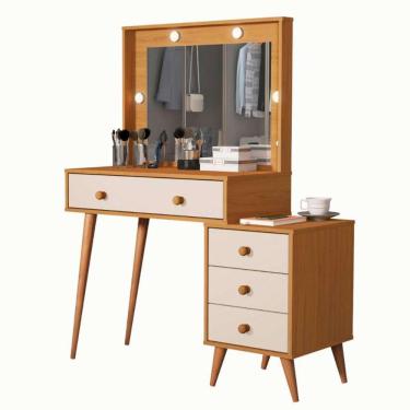 Imagem de Penteadeira Camarim Com Mesa De Cabeceira Espelho Led 4 Gavetas Pés Em Madeira Nature / Offwhite