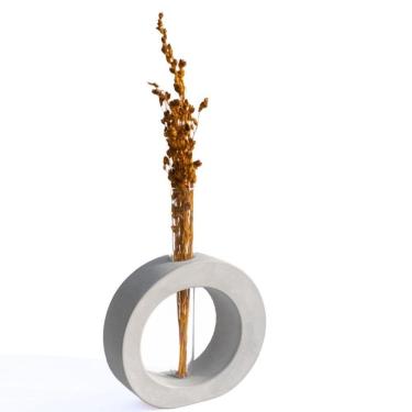 Imagem de Vaso Decorativo Solitário Redondo 16,5cm Artesanal Em Cimento Cinza