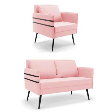 Imagem de Kit 01 Namoradeira 02 Lugares e 01 Poltrona Mari Suede Rosa Bebê Pés P