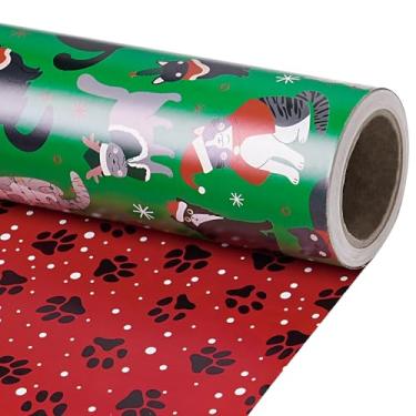 Imagem de RUSPEPA Rolo de papel de embrulho reversível para gatos, mini rolo, gatos de Papai Noel em verde e impressões de patas em vermelho, embrulho de presente de Natal para amantes de gatos, Natal, festa de