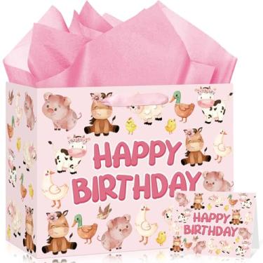Imagem de Saco de presente de feliz aniversário de animais de fazenda para meninas rosa de celeiro com cartão de felicitações e papel de embrulho, vacas grandes, porcos, cavalo, pato, chá de bebê, presente de