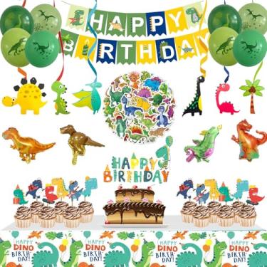 Imagem de Artigos para festa de aniversário de dinossauro, conjunto de 104 peças de artigos de festa de dinossauro para meninos e meninas, inclui balões, faixas, toalha de mesa, adesivos, espirais para pendurar, balões de filme de alumínio, topo de bolo e topos de cupcake