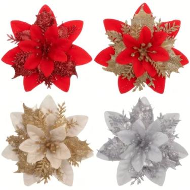 Imagem de Rchovsam 4 cores, flores de poinsétia, decorações artificiais de árvore de Natal com clipes, hastes e flores de poinsétias com glitter, guirlanda, ano novo, casamento, festa em casa, decoração de