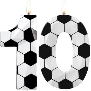 Imagem de Velas de aniversário de 10 anos, número 10 velas, vela de feliz aniversário, cera premium e design de diamante 3D, decoração de bolo com tema de futebol para homens, meninos, festa de aniversário, fã