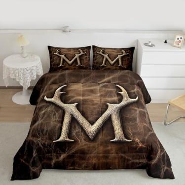 Imagem de Feelyou Conjunto de edredom para todas as estações, letra M, conjunto de cama com 1 fronha, presente para adolescentes, meninos, homens, crianças, roupa de cama personalizada, letra M, design retrô
