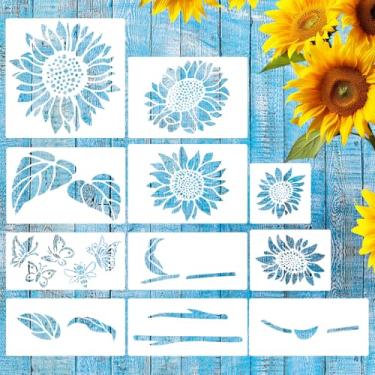 Imagem de 11 peças de estêncil de borboleta de girassol grande para pintura, modelos de estêncil de flores reutilizáveis de plástico para cerca de jardim, móveis de madeira, tecido mural de parede