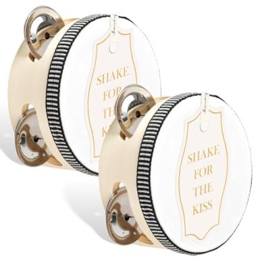 Imagem de Conjunto de 2 pandeiros de casamento de 10 cm a granel para adultos, tambor de mão de madeira com etiquetas de presente com jingles de metal, fita impressa branca I Love You para lembrancinha de festa
