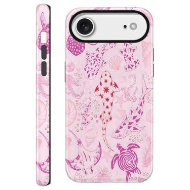 Imagem de CAINAT Capas estéticas para iPhone 17 Air, tubarões rosa, tartarugas, conchas de algas marinhas, capa protetora rígida híbrida de 2 camadas para mulheres e meninas