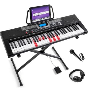 Imagem de MUSTAR Teclado de piano de 61 teclas, teclado de aprendizagem com teclas iluminadas, teclado de piano elétrico para iniciantes, suporte, pedal de suporte, auriculares/microfone, altifalantes