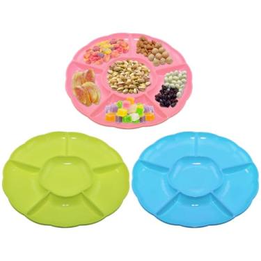 Imagem de CAOXIAOXUYAO Bandejas redondas de plástico de 30,5 cm com 2 unidades, 6 pratos secionais para servir pratos de alimentos para doces, nozes, vegetais, frutas, ação de graças (3, rosa, verde maçã, azul)