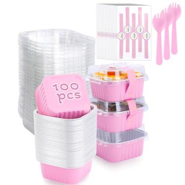 Imagem de WRENYZK 100 peças de copos quadrados de folha de alumínio, mini formas de bolo com tampas e garfos, formas de bolo descartáveis de 142 g para festa, casamento, aniversário (rosa)