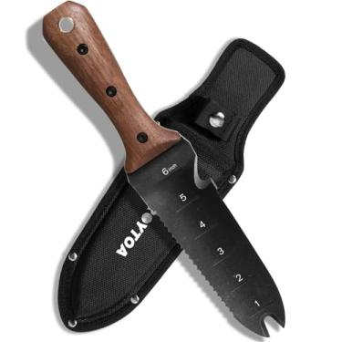 Imagem de ROYTOA Faca De Jardim Hori Hori, Ferramentas De Jardim Com Bainha Para Capinar, Plantar, Cavar, Lâmina De Aço Inoxidável De 7" Com Fio De Corte, Cabo De Madeira Com Espiga Completa E Furo Para Pendu