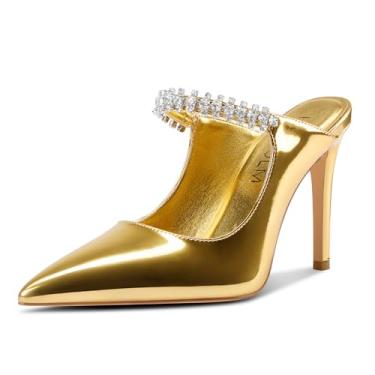 Imagem de HDEUOLM Sapato feminino de salto alto, salto alto, bico fino, sem cadarço, com strass, salto de 9 cm, Dourado, 37