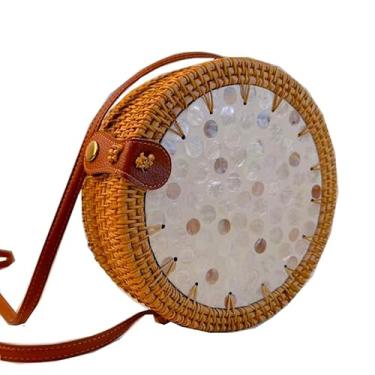 Imagem de Laeuokie Bolsa feminina de palha redonda: Rattan tecido à mão, cesta transversal de vime. Tecido para praia, férias, uso diário., Concha de bolinhas, 7.1" (L) * 3.1" (W) * 7.1" (H), Bolsa de vime