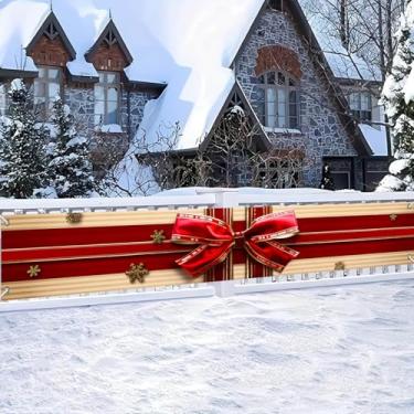 Imagem de HOMETITUTE Faixa de Feliz Natal de 395 x 50 cm Grande Laço Vermelho Presente Feriado Faixa de Suspensão de Natal Fita Festiva Design de Floco de Neve Banner de Natal para Cerca Parede Varanda Festa