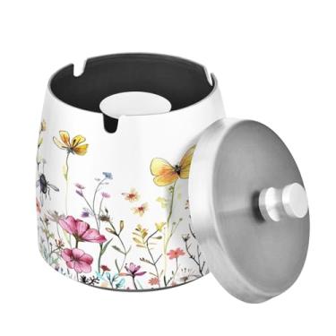 Imagem de Blueangle Cinzeiro de flores silvestres com tampa para cigarros, à prova de vento/à prova de chuva, aço inoxidável, sem fumaça, inodoro, cinzeiro para uso interno ou externo (302)