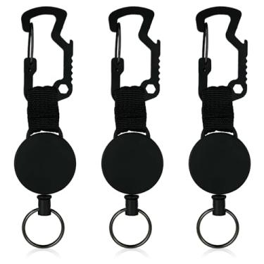 Imagem de Pacote com 2 chaveiros retráteis com mosquetão multiferramentas – Porta-chaves resistente e carretel de crachá com cabo de aço de 63 cm, clipe de cinto e função de abridor de garrafa