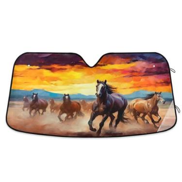 Imagem de ATTX Para-brisa de carro vermelho laranja marrom cavalos 139.7 cm x 70.1 cm escudo solar universal com proteção UV, persiana de janela frontal automática dobrável para caminhões Sedans SUVs #475