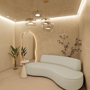 Imagem de Sofá Curvo Sala De Estar Recepção Consultório Amsterdã 250cm Bouclé Cor Bege