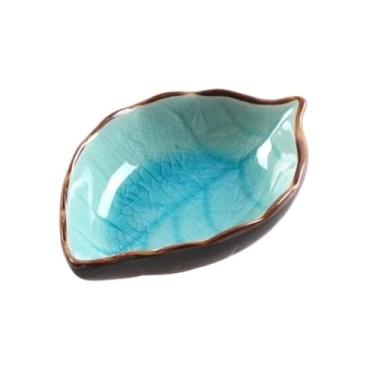 Imagem de Tigela para molho Utensílio de cozinha Prato Gelo Crack Glaze Folha Cerâmica Tempero Molho soja Vinagre Pratos pequenos(Lake Blue)