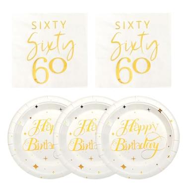 Imagem de Prato e guardanapos de aniversário de 60 anos, branco e dourado, decoração de aniversário de 60 anos, lembrancinha para homens, mulheres, festa de aniversário, sobremesa, utensílios de mesa, conjunto