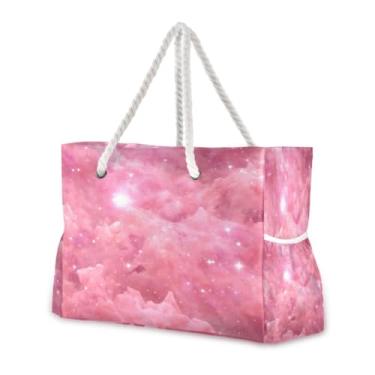 Imagem de Wassud Bolsa de praia rosa Starfield grande bolsa de praia para mulheres, impermeável, à prova de areia, bolsa de viagem com zíper e bolso para piscina, academia, acampamento