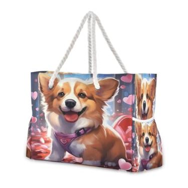 Imagem de Wassud Bolsa de praia Valentine Corgi grande para mulheres, impermeável, à prova de areia, bolsa de viagem com zíper e bolso para piscina, academia, acampamento