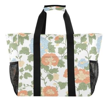 Imagem de Wassud Sacolas de compras reutilizáveis com flores e folhas, bolsa grande, impermeável, organizadora de lona para praia, piquenique, lavanderia, viagem