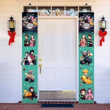 Imagem de 2 peças de letreiro de alpendre de aniversário de demônio para pendurar na porta Slayer suprimentos de festa de aniversário para decorações de parede