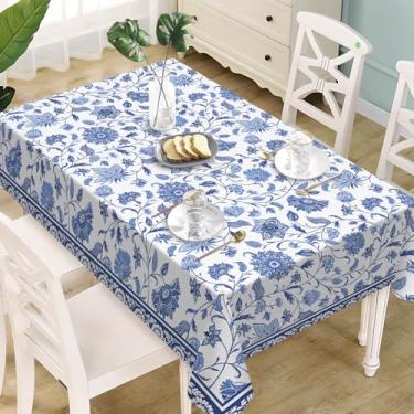 Imagem de Livcoz Toalha de mesa retangular de flor azul branca 152 x 213 cm, toalha de mesa de jantar decorativa floral vintage, decoração de festa de piquenique para primavera e verão