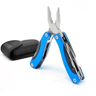 Imagem de Alicate Multifuncional 9 em 1, Aço Inox, com Bainha, Azul, para Camping e Pesca