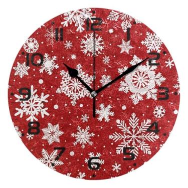 Imagem de JUZIHAI Relógio de parede vermelho com flocos de neve de Natal, silencioso, redondo, sem tique-taque, operado por bateria, fácil de ler, relógio decorativo de parede para casa, cozinha, sala de estar