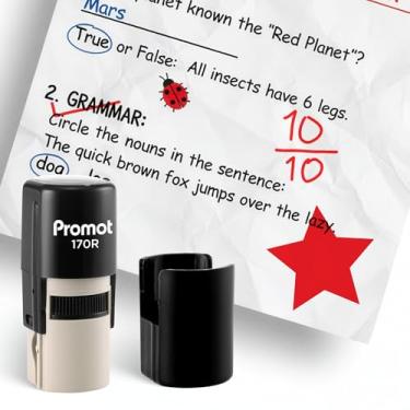 Imagem de Promot - Carimbos autotintados para professores, carimbo de borracha redondo para avaliação e feedback, carimbos de tinta de secagem rápida, impressão transparente, carimbo recarregável para sala de