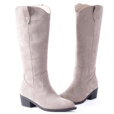 Imagem de N.N.G Botas femininas de cano alto, camurça sintética, preto, marrom, pedra vermelha, rosa, estilo ocidental, salto bloco de 5 cm, bico fino, zíper lateral, botas de inverno modernas para uso casual e