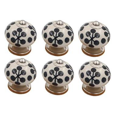 Imagem de THDC Puxador de cerâmica pintado, puxador de armário, puxador de gaveta, puxador de cômoda, feito à mão, pintado à mão, puxador vintage (conjunto de 6) (bolinhas pretas)