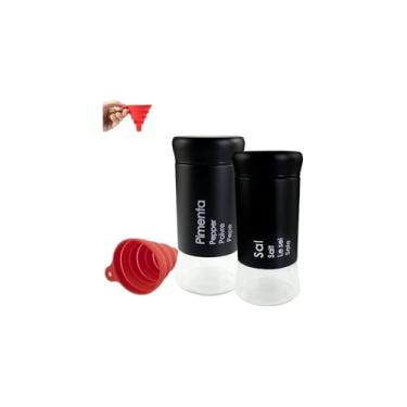 Imagem de Conjunto de Saleiro e Pimenteiro em Aço Inox, Vidro Transparente e Plástico, 11cm x 5cm, Preto, Capacidade 95ml, Base em Vidro