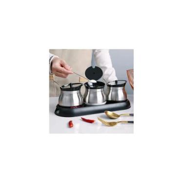 Imagem de Conjunto 3 Porta Condimentos de Vidro com Suporte, 250ml, Inox/Preto, com Colheres e Tampas Herméticas, 31.5x12cm