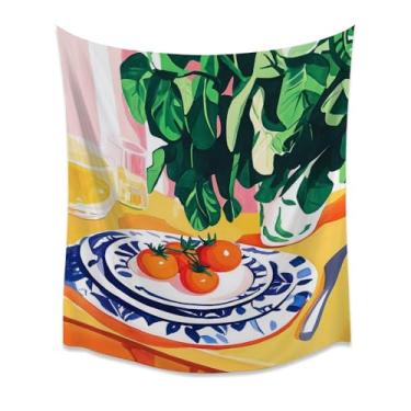 Imagem de Prato de tomate planta verde cozinha tapeçaria de parede decoração de produtos coloridos decoração moderna boho jantar ilustração de tecido vegetal fresco pôster para despensa café café da manhã
