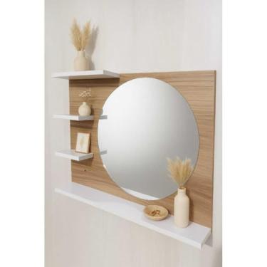 Imagem de Armario Espelheira com Espelho Redondo para Banheiro espelheira banheiro(Amadeirado com Branco)