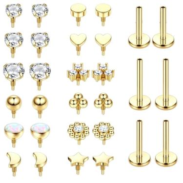 Imagem de Conjunto de 32 peças de brincos de nariz plano para mulheres, aço cirúrgico, fio interno, tragus, joia de ouro, piercing de nariz, para cartilagem de orelha, hélice com ferramenta para agarrar bola de
