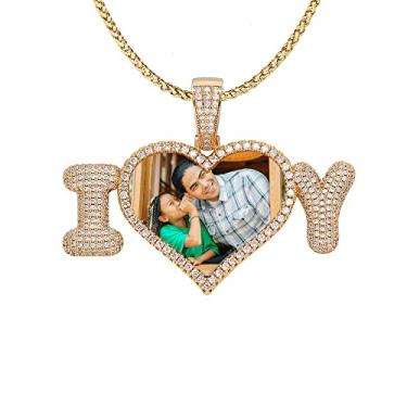 Imagem de Ied Kashiqi Colar com imagem de corrente personalizada com foto masculina, etiquetas de cachorro com pingente de memória de coração gelado para mulheres, berloques de letras, chaveiro, joias de