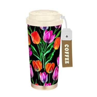 Imagem de TSENQUE Copo de café de 473 ml com tampa de canudo e filp, copos de parede dupla isolados a vácuo com revestimento cerâmico, tulipas coloridas florais em aquarela
