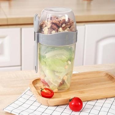 Imagem de Agitador de salada, compartimento de camada dupla para almoço com colher e recipiente para molho de salada (cinza)