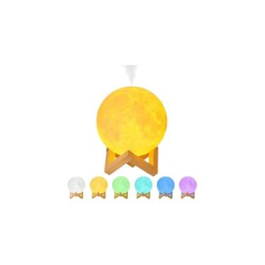 Imagem de Luminária Umidificador Lua 3D, LED com 8 Cores, Base em Madeira, 15cm, Difusor de Aromas, USB, Capacidade 1200ml, Controle por Toque