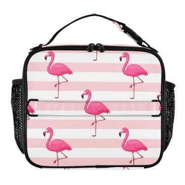 Imagem de Joisal Lancheira listrada flamingos rosa para mulheres, meninas, lancheira com alça de ombro masculina e infantil, lancheira para trabalho, escola, engraçada, fofa, bolsa térmica