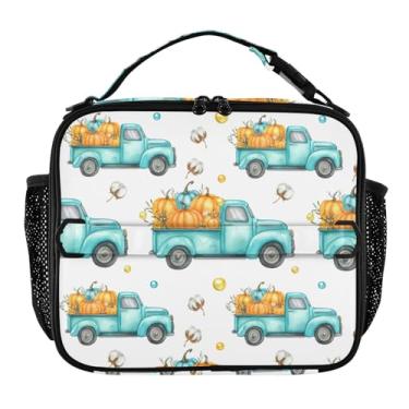 Imagem de Joisal Lancheira branca personalizada vintage caminhões abóboras para mulheres meninas lancheira alça de ombro ajustável masculina crianças lancheira para trabalho engraçado bonito saco isolado